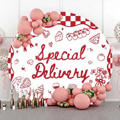 Lofaris Round Backdrop Special Delivery Pizza and Wine Baby Shower Background Red Checkered Food Theme Party Decor