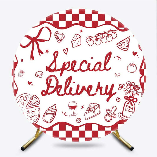 Lofaris Round Backdrop Special Delivery Pizza and Wine Baby Shower Background Red Checkered Food Theme Party Decor