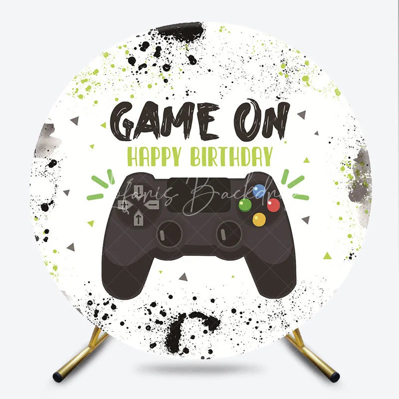 Lofaris Round Backdrop Video Game Controller Happy Birthday Green Paint Splatter Gamer Circle Cover