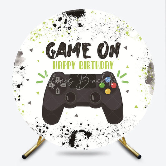 Lofaris Round Backdrop Video Game Controller Happy Birthday Green Paint Splatter Gamer Circle Cover