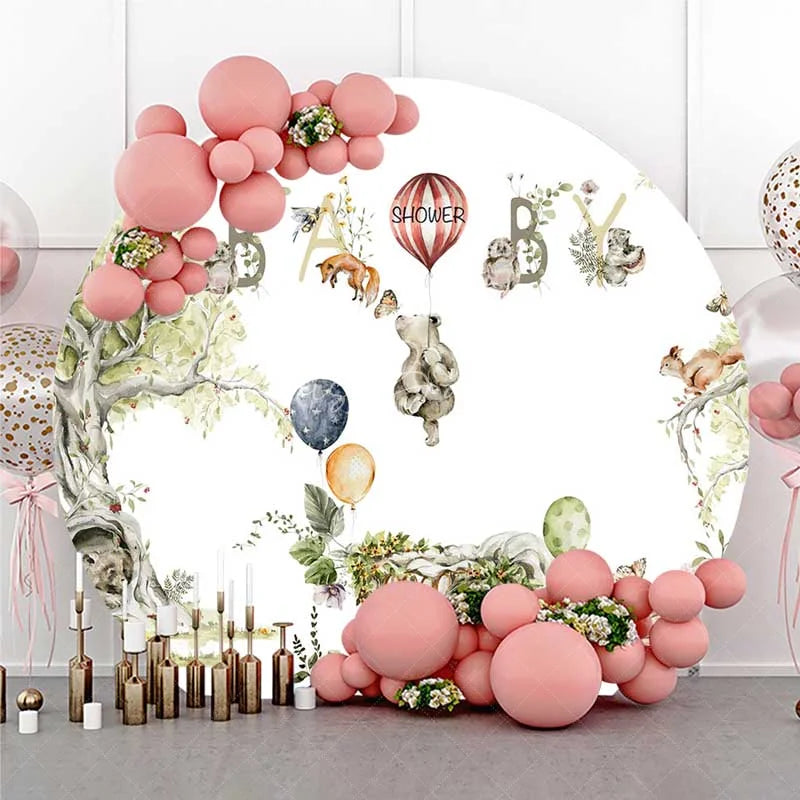 Lofaris Round Backdrop Woodland Bear Watercolor Animals Baby Shower Circle Cover Decoration