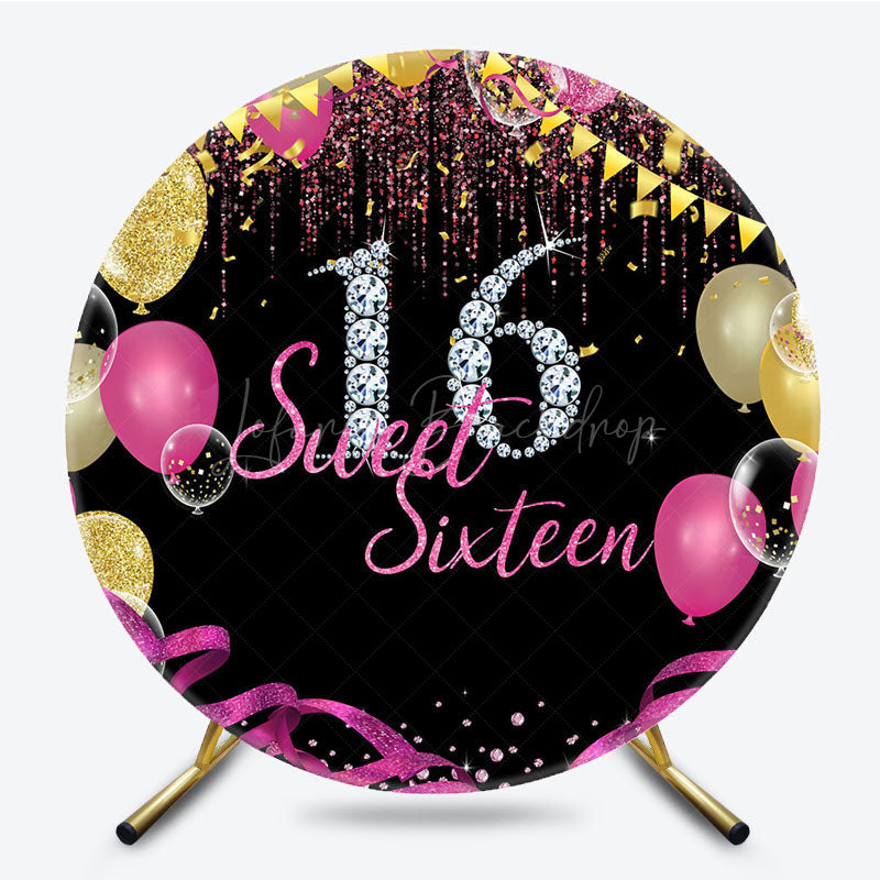 Lofaris Round Balloon Glitter Sweet 16 Birthday Backdrop