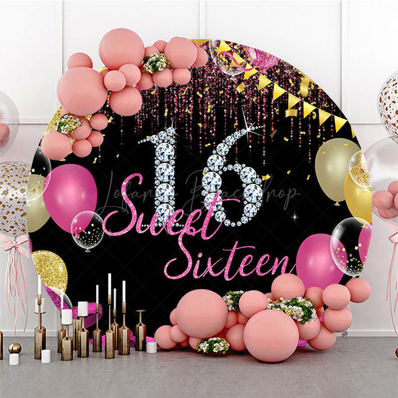 Lofaris Round Balloon Glitter Sweet 16 Birthday Backdrop