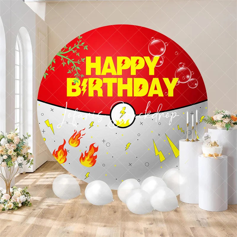Lofaris Round Birthday Backdrop Red and White Adventure Ball Design Lightning Flames Leaves Bubbles