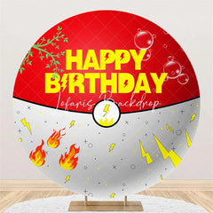 Lofaris Round Birthday Backdrop Red and White Adventure Ball Design Lightning Flames Leaves Bubbles