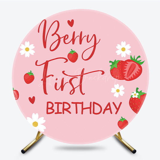 Lofaris Round Floral Berry First Birthday Soft Pink Backdrop