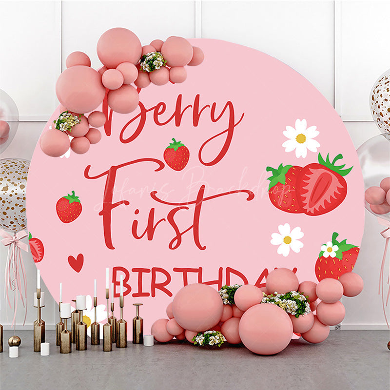 Lofaris Round Floral Berry First Birthday Soft Pink Backdrop