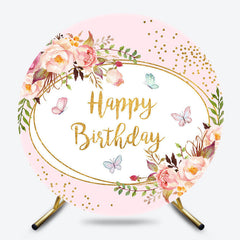Lofaris Round Floral Gold Glitter Happy Birthday Backdrop