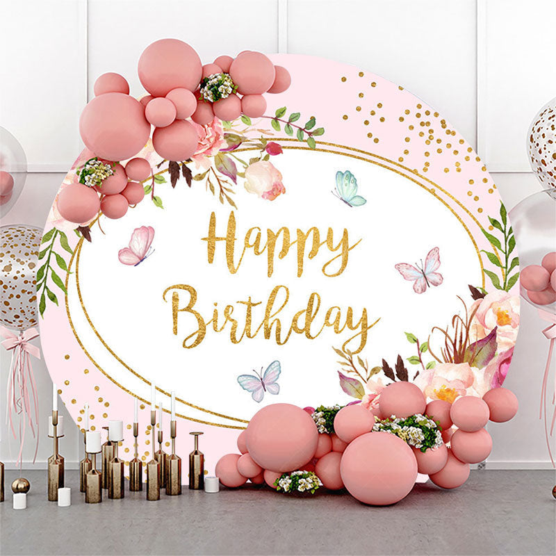 Lofaris Round Floral Gold Glitter Happy Birthday Backdrop