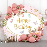 Lofaris Round Floral Gold Glitter Happy Birthday Backdrop