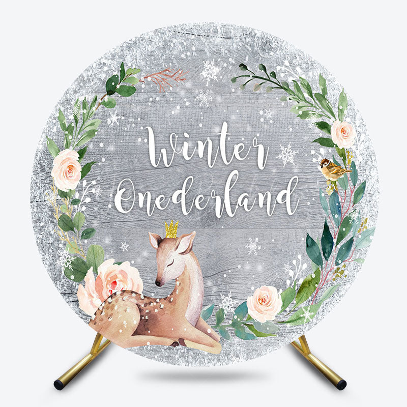 Lofaris Round Grey Wooden Snowy Winter Onderland Backdrop