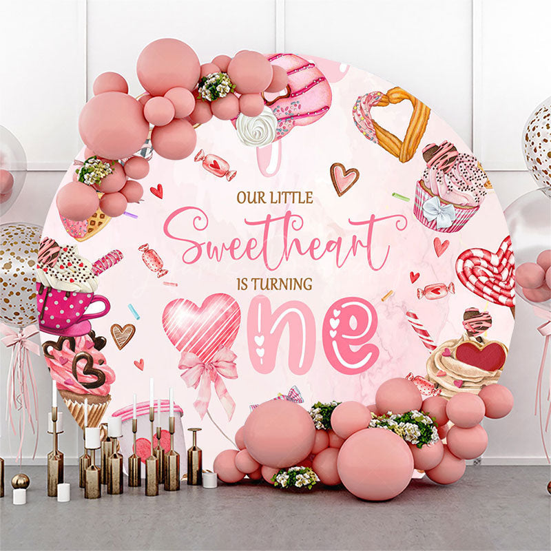 Lofaris Round Pink Candyland Sweetheart 1st Birthday Backdrop