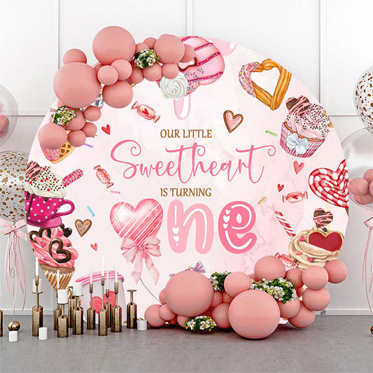 Lofaris Round Pink Candyland Sweetheart 1st Birthday Backdrop