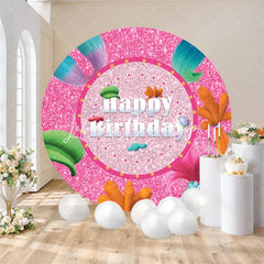 Lofaris Round Pink Glitter Happy Birthday Backdrop Colorful Cartoon Fuzzy Hair Friends for Girls Party Decor