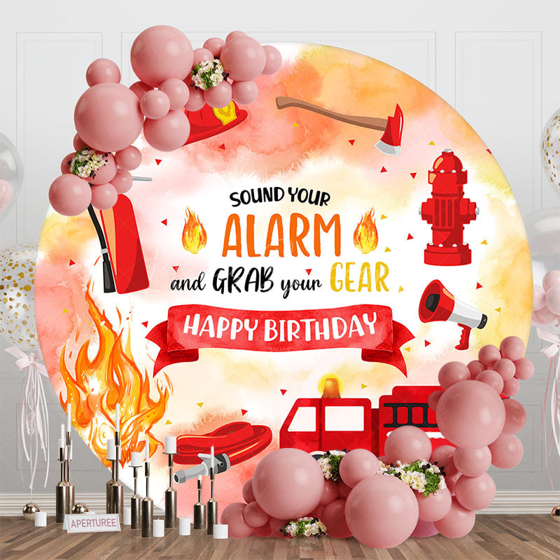 Lofaris Round Red Car Firefighting Happy Birthday Backdrop