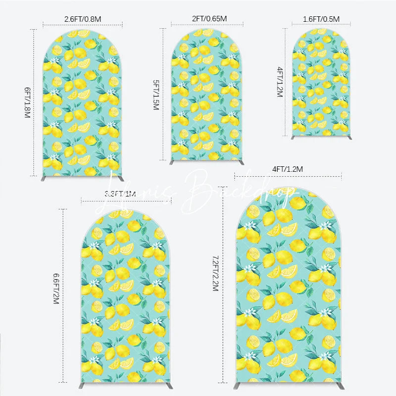 Lofaris Round Top Arch Backdrop with Vibrant Watercolor Lemon and Green Leaf Fresh Summer Party Decor