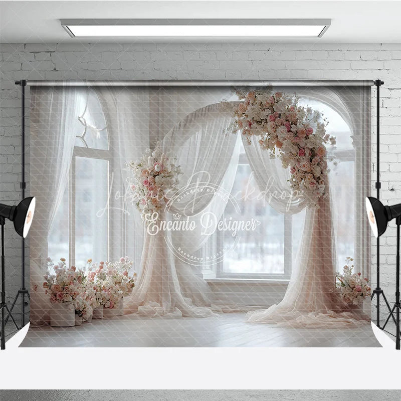 Lofaris Round Wedding Arch Backdrop White Room with Window Pink Rose Floral Decor for Bridal Shower