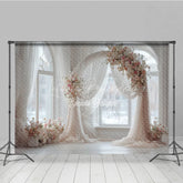 Lofaris Round Wedding Arch Backdrop White Room with Window Pink Rose Floral Decor for Bridal Shower
