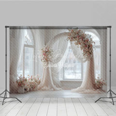 Lofaris Round Wedding Arch Backdrop White Room with Window Pink Rose Floral Decor for Bridal Shower