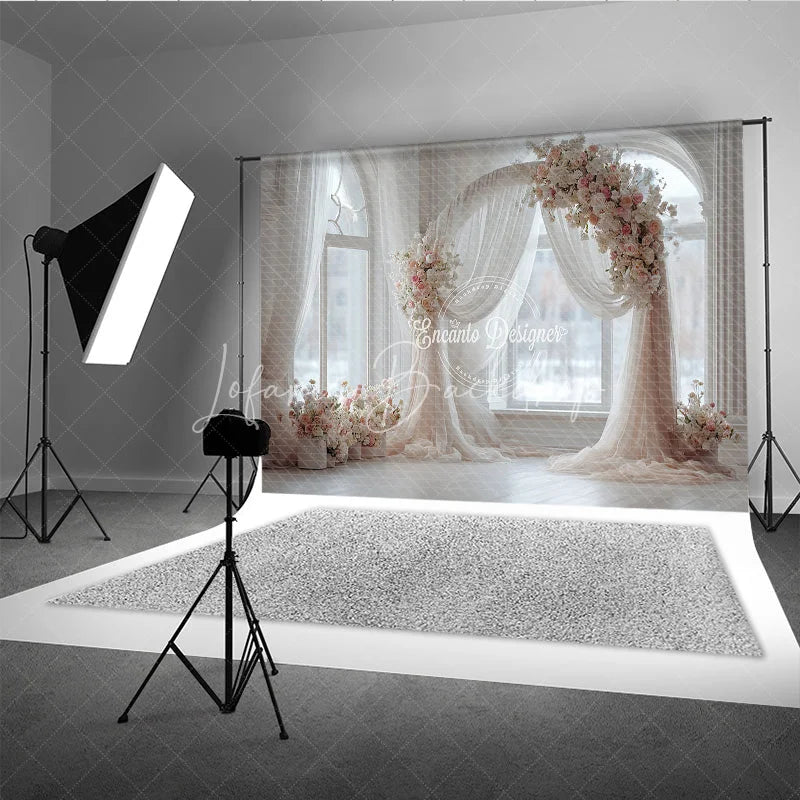 Lofaris Round Wedding Arch Backdrop White Room with Window Pink Rose Floral Decor for Bridal Shower