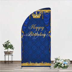 Lofaris Royal Blue and Gold Crown Happy Birthday Half Moon Arch Backdrop Kit Elegant Prince Party Decor