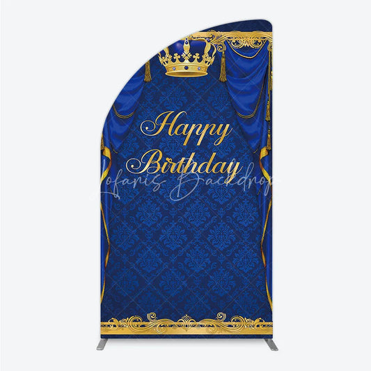 Lofaris Royal Blue and Gold Crown Happy Birthday Half Moon Arch Backdrop Kit Elegant Prince Party Decor