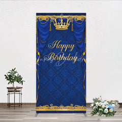 Lofaris Royal Blue and Gold Crown Happy Birthday Rectangle Backdrop Kit Elegant Prince Party Decor
