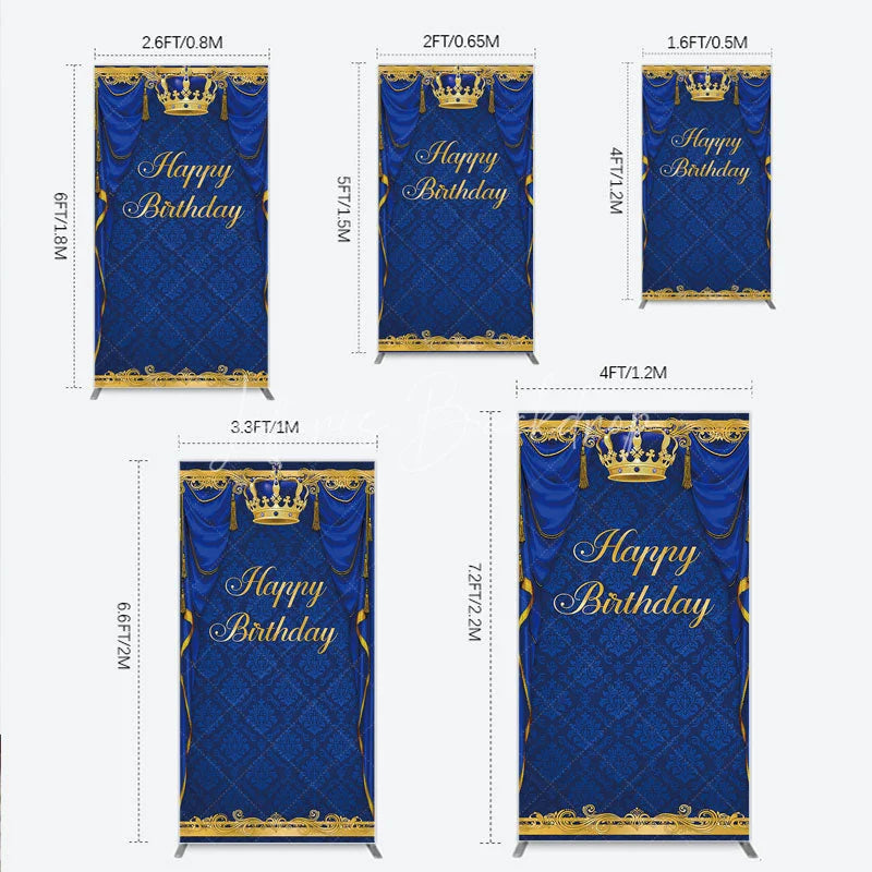 Lofaris Royal Blue and Gold Crown Happy Birthday Rectangle Backdrop Kit Elegant Prince Party Decor