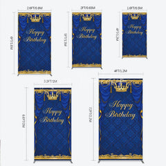 Lofaris Royal Blue and Gold Crown Happy Birthday Rectangle Backdrop Kit Elegant Prince Party Decor