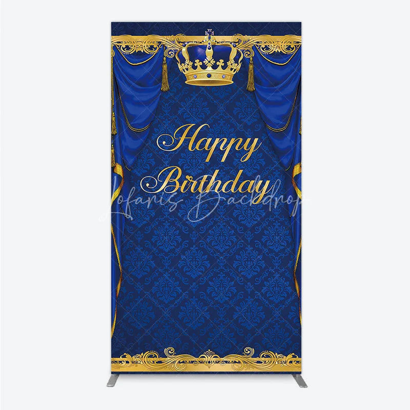 Lofaris Royal Blue and Gold Crown Happy Birthday Rectangle Backdrop Kit Elegant Prince Party Decor