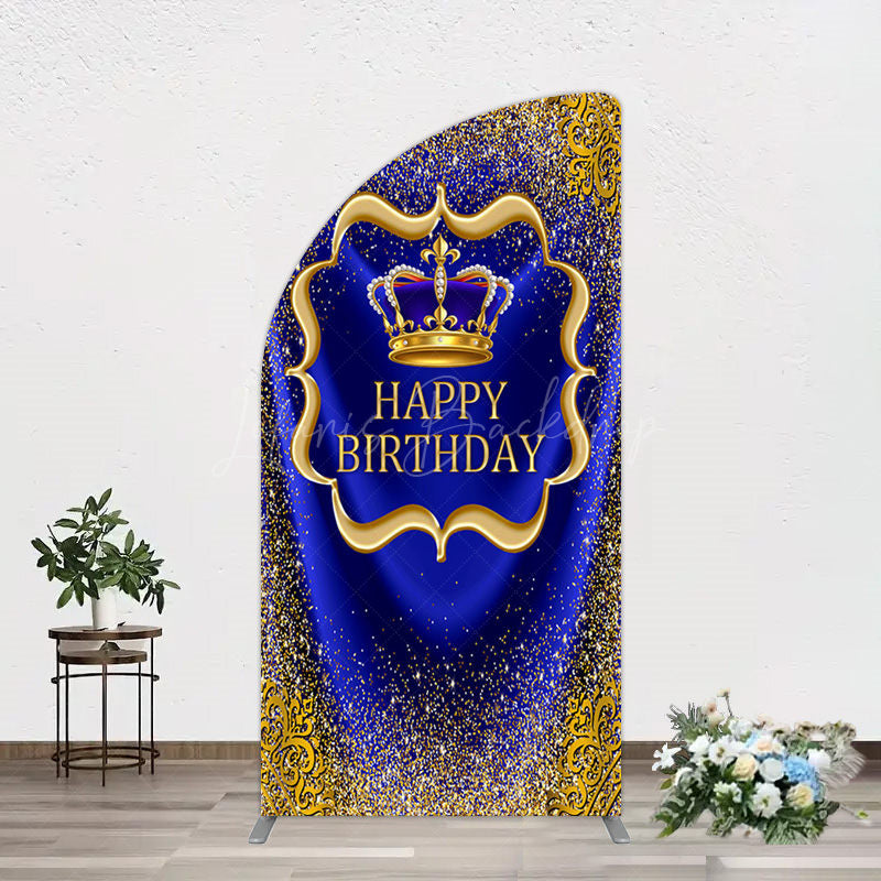 Lofaris Royal Blue Gold Glitter Crown Birthday Half Moon Arch Backdrop