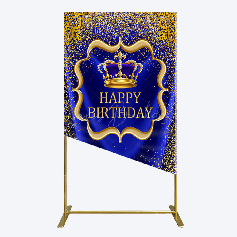 Lofaris Royal Blue Gold Glitter Crown Birthday Rectangle Backdrop