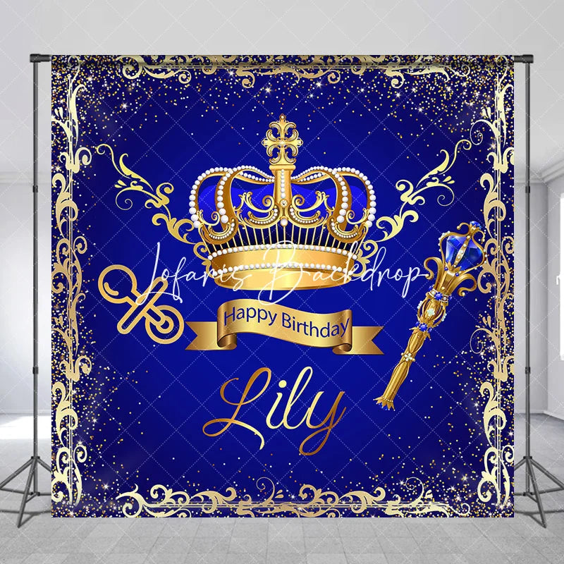 Lofaris Royal Blue Gold Glitter Crown Scepter Custom Birthday Backdrop Prince Baby Shower Party Decor