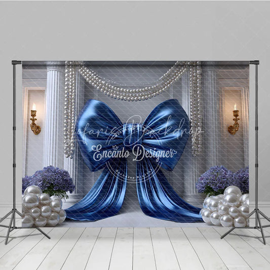 Lofaris Royal Blue Satin Bow and White Pearls Backdrop Elegant Wedding Column Floral Photography Background