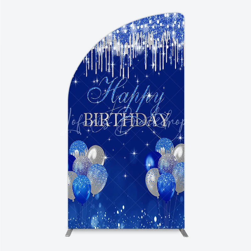 Lofaris Royal Blue Silver Glitter Drip Half Moon Arch Backdrop Happy Birthday Balloon Prop