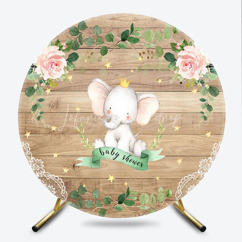 Lofaris Royal Elephant Wood Grain Round Backdrop Floral Baby Shower and Pink Rose Stars Party Decoration