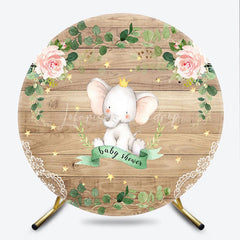 Lofaris Royal Elephant Wood Grain Round Backdrop Floral Baby Shower and Pink Rose Stars Party Decoration