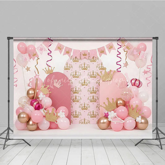 Lofaris Royal Pink Princess Crown and Pearls Backdrop Golden Tiara Balloon Arch for Girl Birthday Party Decor