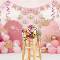 Lofaris Royal Pink Princess Crown and Pearls Backdrop Golden Tiara Balloon Arch for Girl Birthday Party Decor