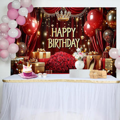 Lofaris Royal Red Balloon Rose Crown Happy Birthday Backdrop