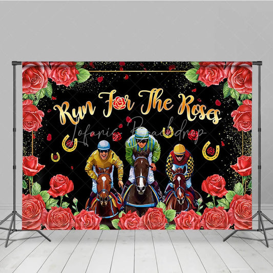 Lofaris Run For The Roses Backdrop Horse Racing Jockeys and Red Floral Border Background Kentucky Derby Day Party Decorations