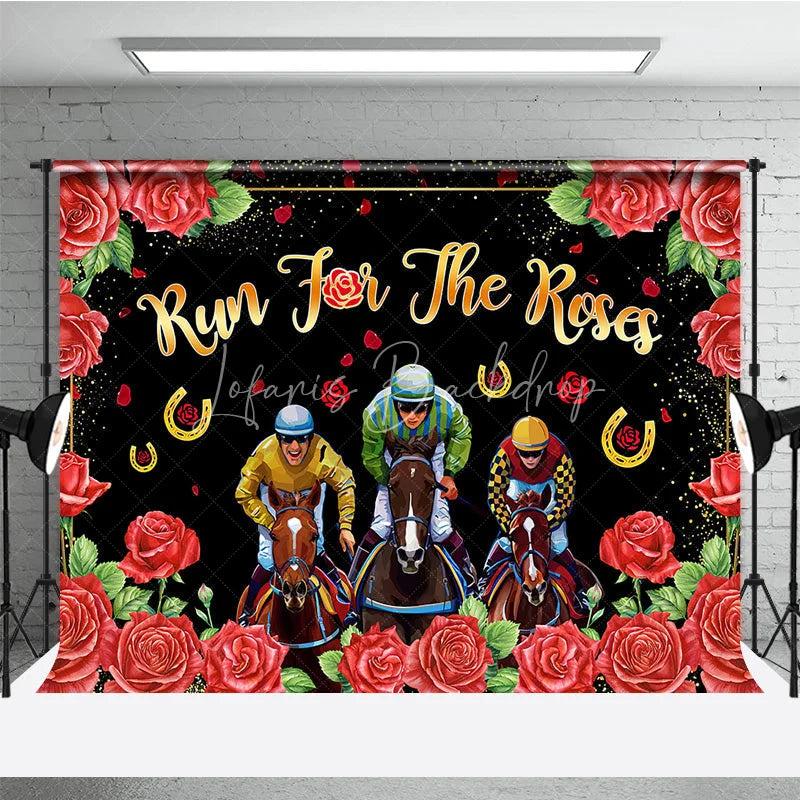 Lofaris Run For The Roses Backdrop Horse Racing Jockeys and Red Floral Border Background Kentucky Derby Day Party Decorations