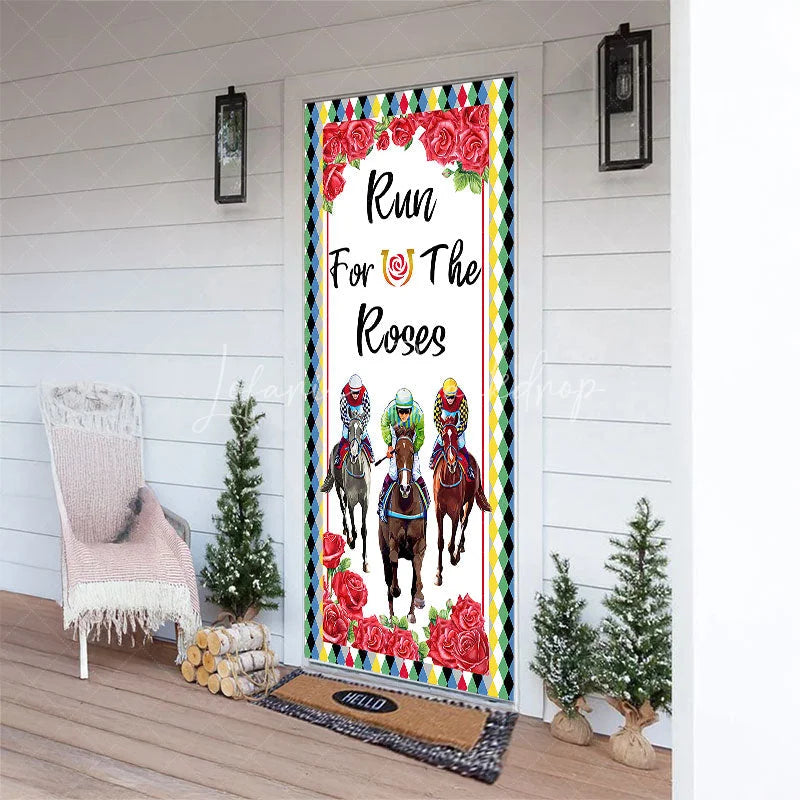 Lofaris Run For The Roses Door Cover Horse Racing and Red Kentucky Derby Party Decoration