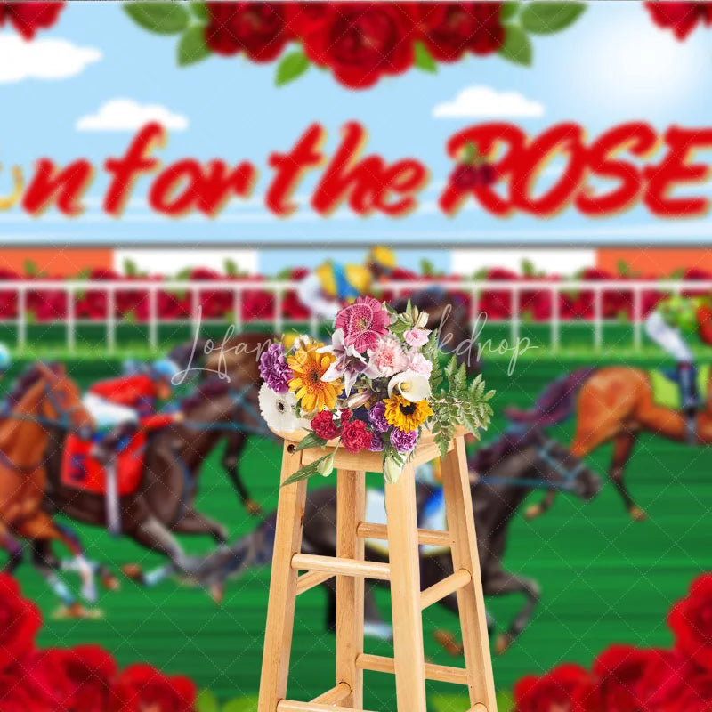 Lofaris Run for the Roses Horse Racing Backdrop Kentucky Derby Action and Floral Rose Frame Background