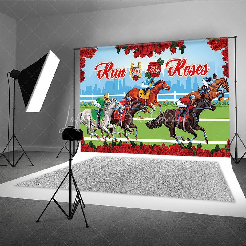 Lofaris Run for the Roses Kentucky Derby Backdrop Horse Racing Track and City Skyline Party Background