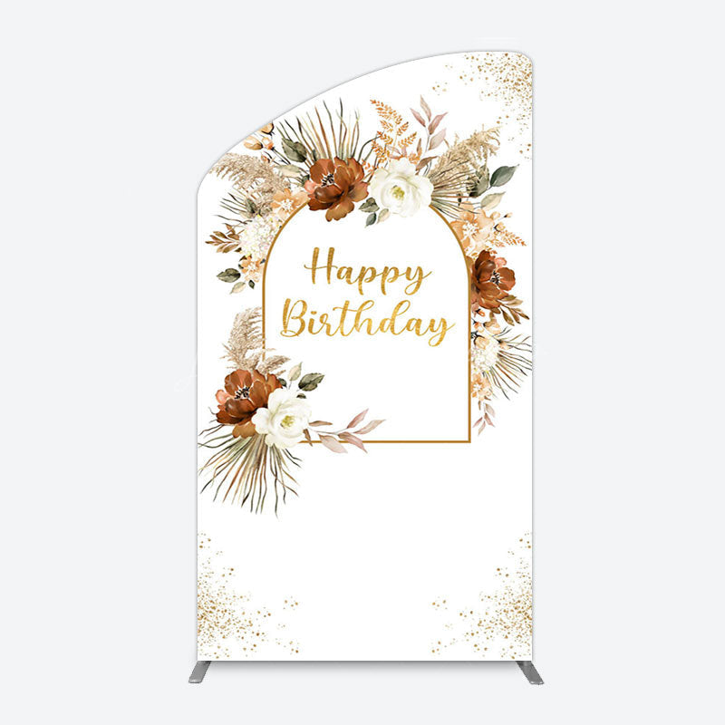 Lofaris Rural Boho Floral Gold Happy Birthday Arch Backdrop