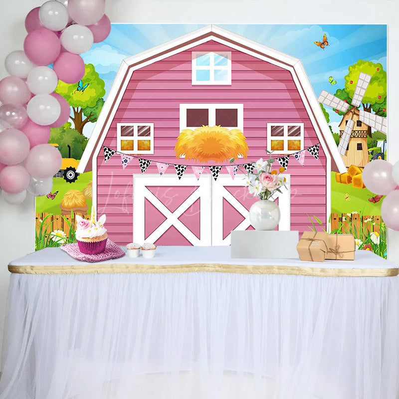 Lofaris Rural Pink Barn Door Farm Happy Birthday Backdrop