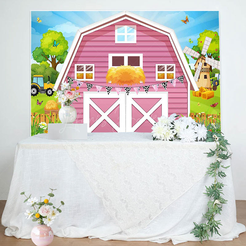 Lofaris Rural Pink Barn Door Farm Happy Birthday Backdrop