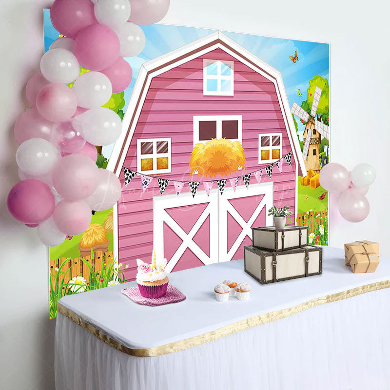 Lofaris Rural Pink Barn Door Farm Happy Birthday Backdrop