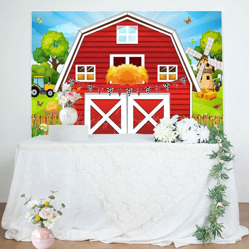 Lofaris Rural Red Barn Door Farm Happy Birthday Backdrop
